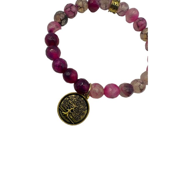 Pink Jasper Beaded Stone Stretch Bracelet with Tree of Life Charm - Picture 2 of 4